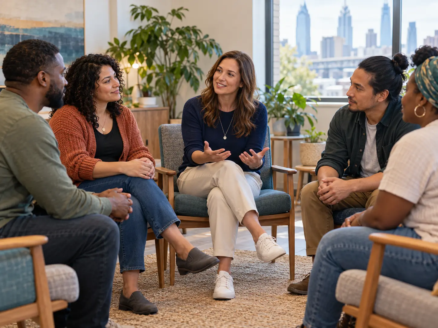 Adults taking part in a supportive counseling group